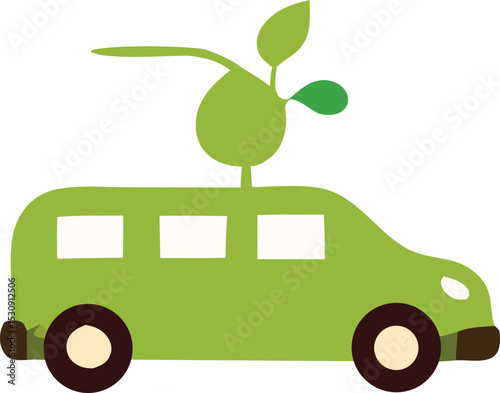 Green eco friendly van with sprouting plant on top