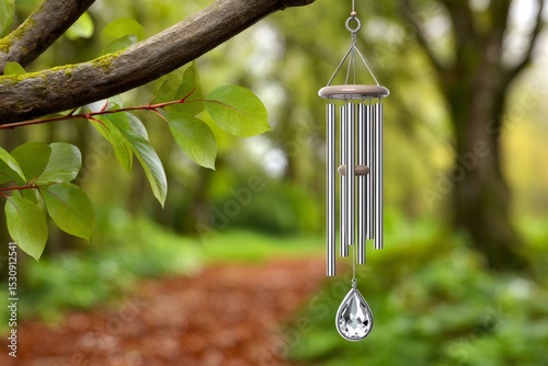 Wind chime hanging from tree branch in lush green forest