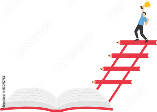 Invest in knowledge. Knowledge creates success. businessman on a book with stairs stock illustration

