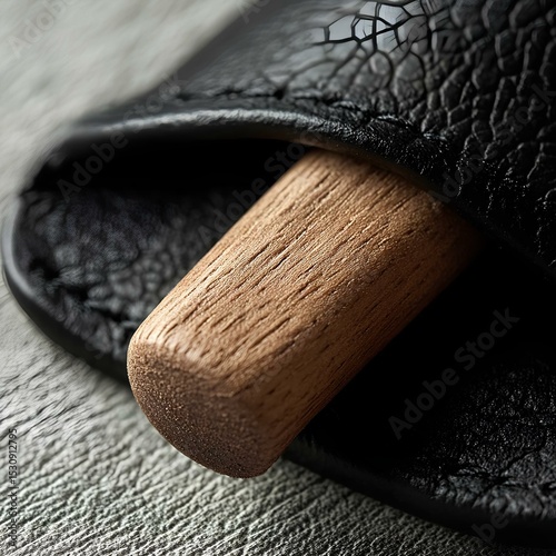 Wooden toggle on black leather pouch closeup