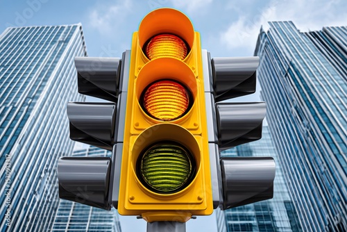 Traffic light showing yellow and red lights in urban setting