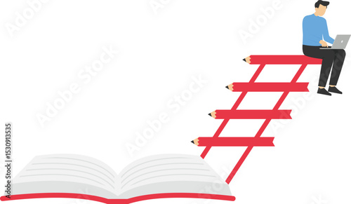 Invest in knowledge. Knowledge creates success. businessman on a book with stairs stock illustration

