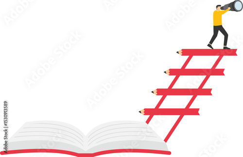 Businessman looking into a telescope on a book. Seek knowledge for opportunity stock illustration

