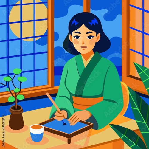 A young East Asian woman practicing calligraphy on traditional paper with ink brushes in a serene tea house. The room has wooden furniture, bamboo decorations, and soft ambient lighting. She is focuse