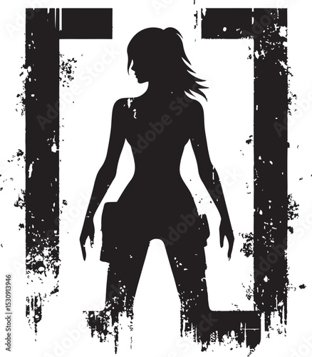 Depicting a bold silhouette of a female figure in striking, expressive grunge aesthetics against a stark background, this image evokes strength, mystery, and artistic flair.