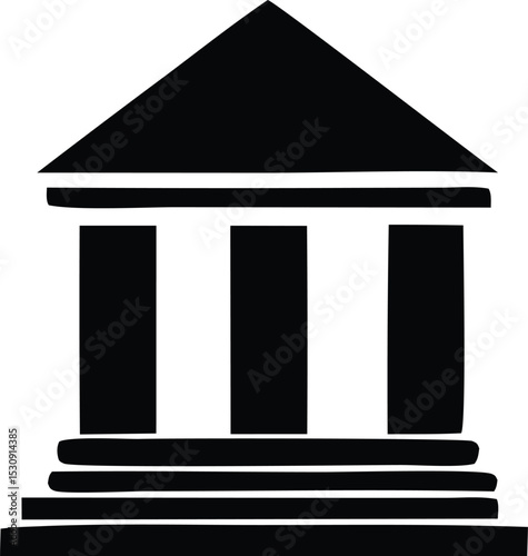 Simple black and white illustration of a classical building with three columns and steps