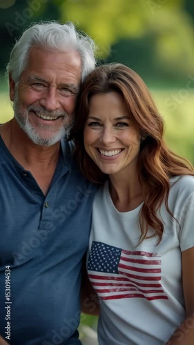 A smiling couple dressed in American flag t-shirts enjoys drinks outdoors, embodying the spirit of independence day in a beautiful setting