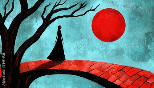 Silhouette Woman on Red Bridge Under Red Moon and Barren Tree