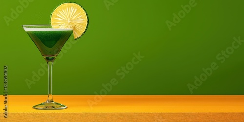Green Cocktail with Lime Garnish on Orange Surface