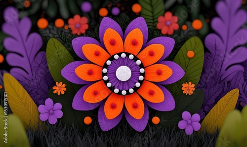 Stylized Purple and Orange Flower in Dark 3D Render