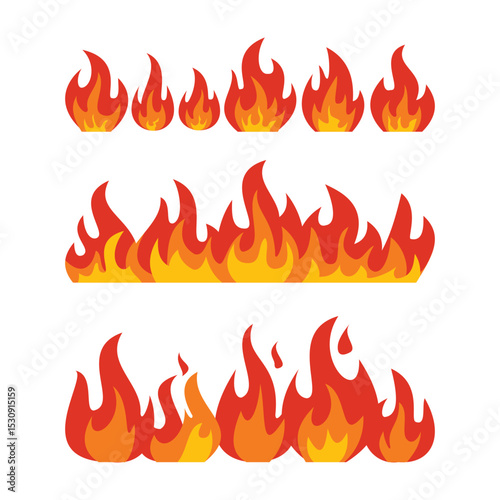 Cartoon Fire Flames Vector Set. Burning Flame Icons Collection. Flat cartoon vector fire flames set with different shapes. Great for icons, game design, warning signs, and hot effect elements.