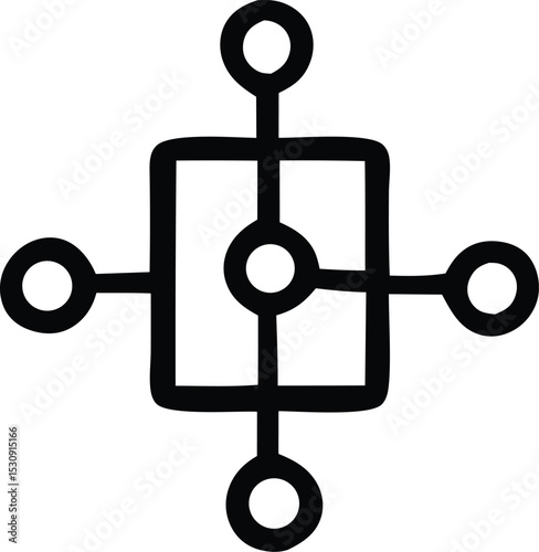 Abstract black and white diagram showing interconnected nodes and central hub