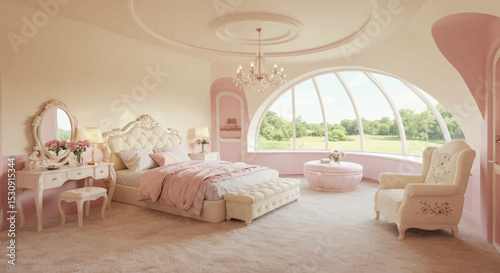 Elegant Bedroom Interior Design featuring a luxurious bed, vanity, and armchair a picturesque view enhancing the overall aesthetic appeal
