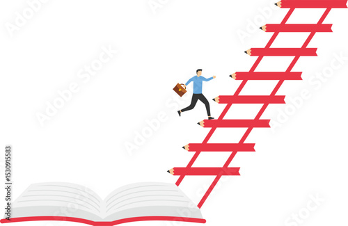 Invest in knowledge. Knowledge creates success. businessman on a book with stairs stock illustration

