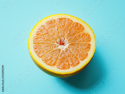 Fresh orange half cut in perfect cross-section showing detailed citrus segments on bright turquoise blue background