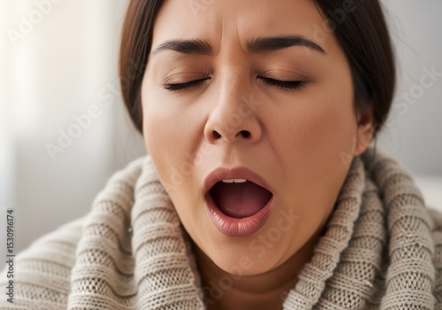 Young woman yawning while wearing a cozy sweater indoors