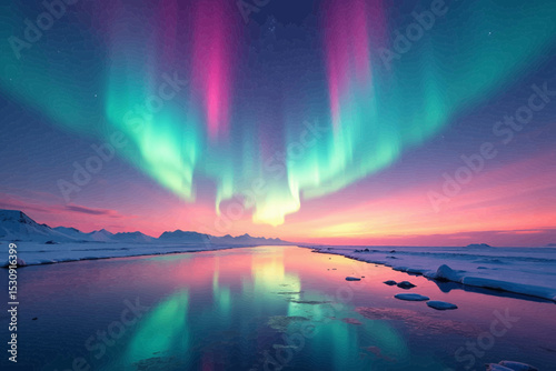 Stunning Aurora Borealis Landscape Design featuring a vibrant Arctic sunset reflected in calm waters ideal for branding projects and website backgrounds.