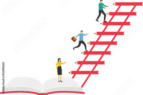 Invest in knowledge. Knowledge creates success. businessman on a book with stairs stock illustration

