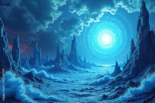 A breathtaking fantasy landscape design featuring dramatic rock formations and a swirling celestial event above a turbulent ocean creating a captivating scene perfect for sci-fi or fantasy projects.