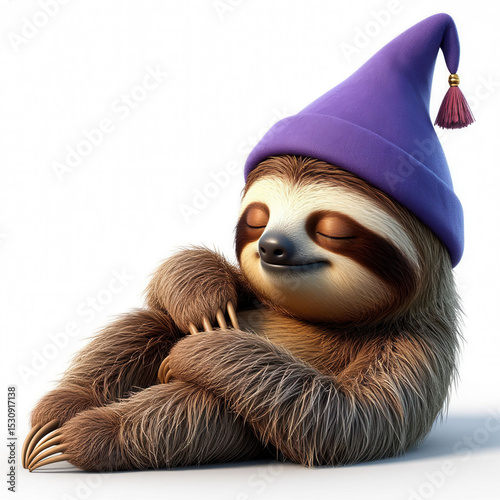 A cartoon sloth in a nightcap sleeps sweetly on a white background.