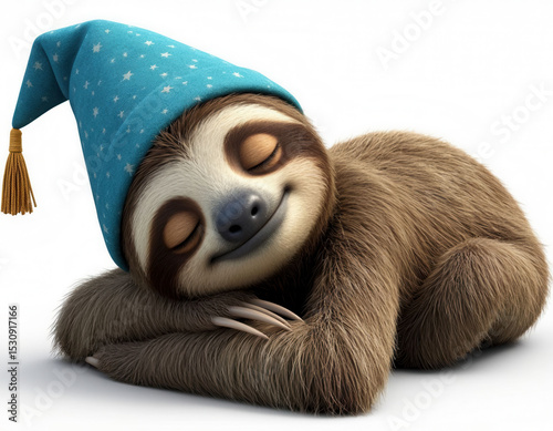 A cartoon sloth in a nightcap sleeps sweetly on a white background.