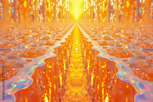 Golden Liquid Pathway Design A mesmerizing abstract artwork featuring a shimmering path of iridescent liquid flowing between golden walls ideal for branding and logo creation