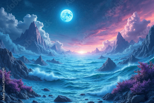 Serene coastal landscape design featuring majestic mountains ocean waves under a vibrant sunset and moonlit sky perfect for branding and logo creation