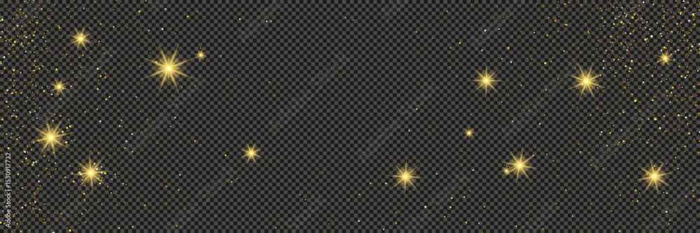 Gold glittering dust with stars on transparent backdrop