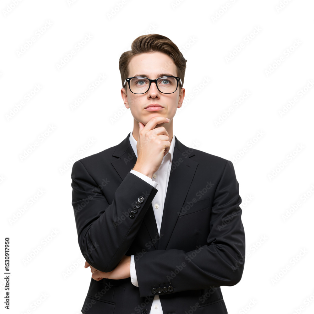 Thoughtful Professional in Black Suit with Glasses, Pensive Pose Against White Background. Thoughtful Professional in Black Suit with Glasses, Pensive Pose Against White Background.