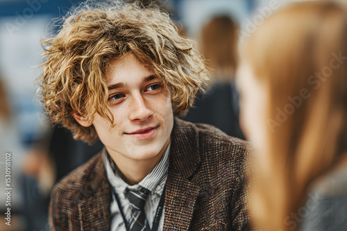 Unrecognizable teenage students in high school hall. photo