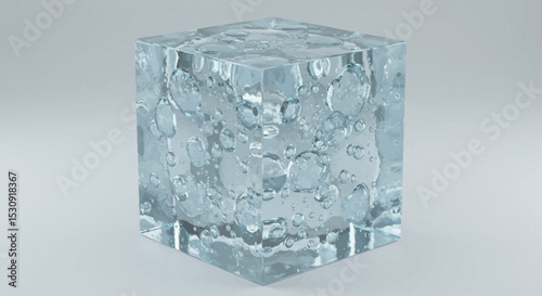 A pristine cube of clear ice featuring numerous air bubbles a perfect scalable graphic for branding design projects logos and web interfaces