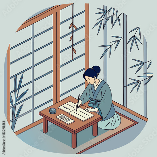 A young East Asian woman practicing calligraphy on traditional paper with ink brushes in a serene tea house. The room has wooden furniture, bamboo decorations, and soft ambient lighting. She is focuse