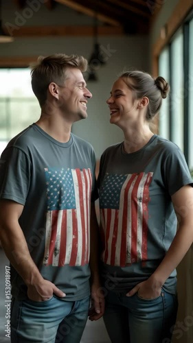 A couple shares a fun moment in matching American flag t-shirts, celebrating their culture together