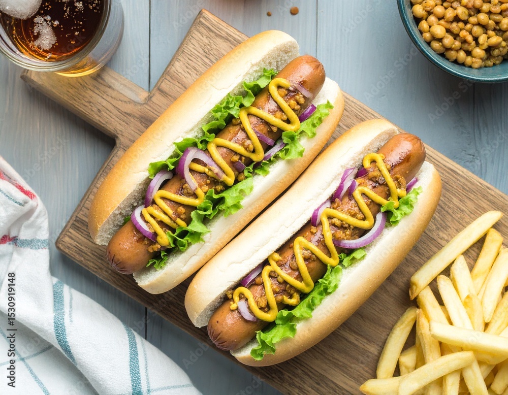 Fototapeta premium Wege hot dog z kiełbaską z soczewicy, musztardą Dijon i czerwoną cebulą