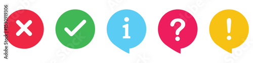Icon set of check mark, cross, question mark, exclamation point, chat, FAQ sign, information icon. Help symbol. Tick, question, information and answers mark. Vector Illustrations.
