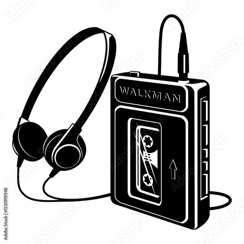 Vintage Walkman with Headphones. Portable Audio Cassette Player Silhouette. Vector cliparts isolated on white.