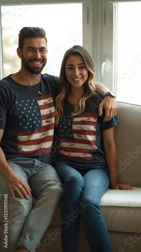 A couple sits together indoors wearing matching American flag t-shirts, smiling and embracing their shared love for the USA and its culture