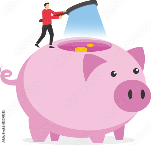 Businessman examining Piggy bank with magnifying glass. Investing money. Flat vector illustration. stock illustration

