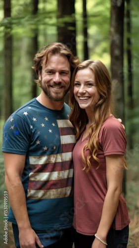 A joyful couple is sharing laughs while wearing American flag t-shirts, embracing patriotism in a beautiful outdoor setting