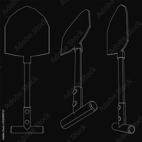 Three different drawings of a shovel, each with a different handle. The first drawing has a long handle, the second has a short handle, and the third has a short handle with a long wooden handle