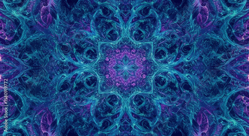 Stunning Teal and Purple Kaleidoscope Design Perfect for Branding Projects Logos and Seamless Patterns offering intricate details and vibrant colors ideal for digital or print media.