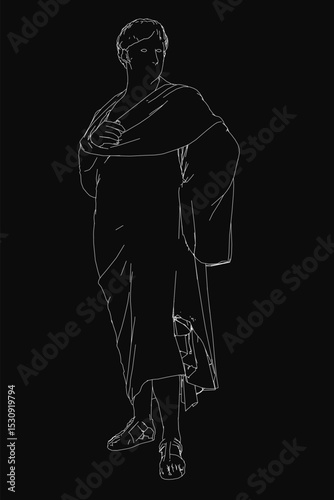 A man is standing in a black background with a white scarf draped over his shoulders. The image has a mysterious and elegant mood, with the man's pose and the scarf adding a sense of sophistication