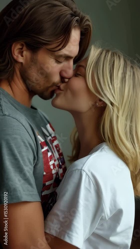 Couple shares a loving moment while dressed in American flag t-shirts, embodying patriotism and joy for Independence Day