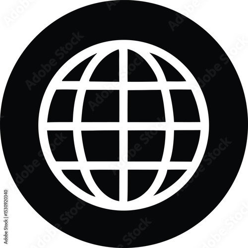 Black circle enclosing a white globe icon representing global connectivity