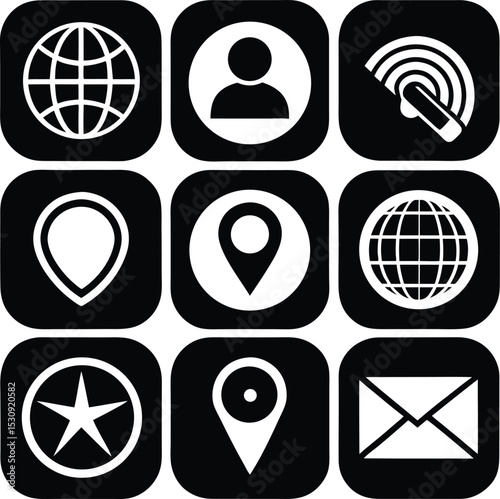 Collection of nine essential contact and location icons in black and white