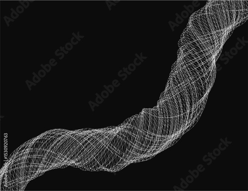 A black and white image of a long, curvy line. The line is made up of small dots, giving it a sense of movement and energy. The image is abstract and open to interpretation