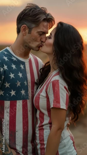 A couple embraces at sunset, wearing American flag t-shirts, symbolizing love and patriotism on the 4th of July