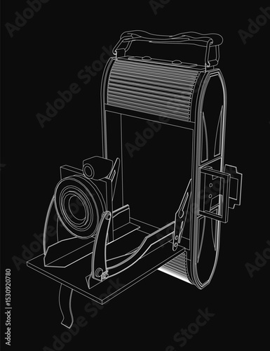 A black and white illustration of a camera with a strap. The camera is a vintage model and the strap is made of leather. The illustration is in black and white and has a vintage feel to it