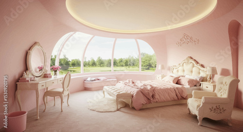 Elegant Pink Bedroom Interior Design featuring a Luxurious Bed and Vanity Set for a Serene and Stylish Space