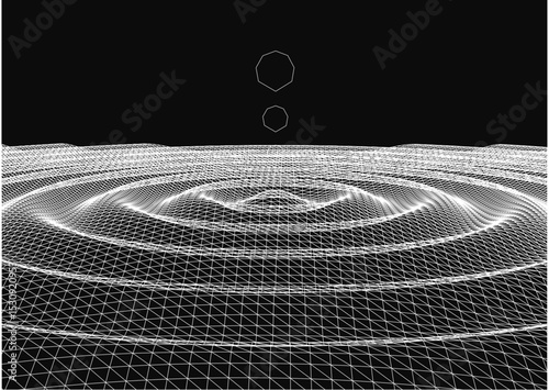 A black and white image of a wave with two bubbles in the middle. The bubbles are floating in the air and the wave is very large. The image has a sense of motion and energy